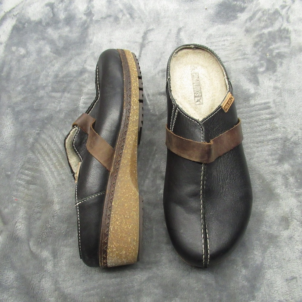 Pikolinos Women Clogs 37EU 6.5US Black Leather‎ Granada Cork Wedge Slip On